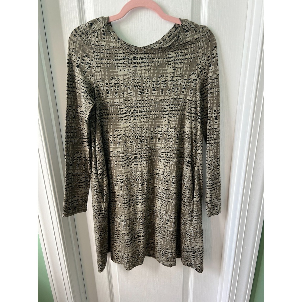Pact Revive Organic Cotton Swing Shift Dress Pockets Green Brown Size S